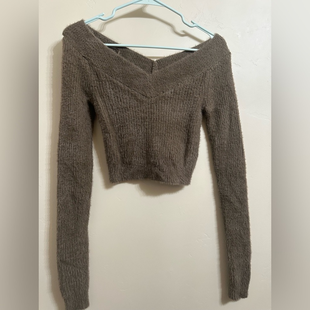 American Eagle Brown Cropped Knit Sweater Women’s S – Wide Neck Soft Stretch